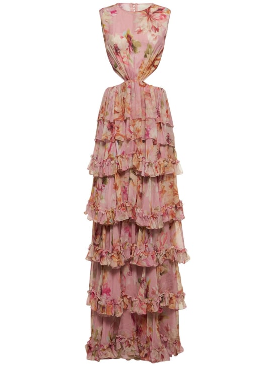 Costarellos: Printed georgette ruffle cutout gown - women_0 | Luisa Via Roma