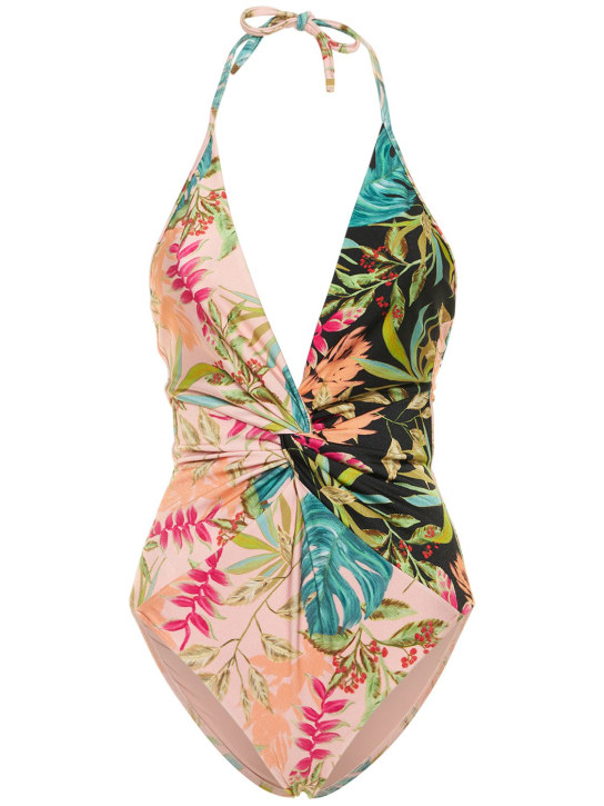 Patbo: Tropicalia plunge halter neck swimsuit - Pembe/Renkli - women_0 | Luisa Via Roma