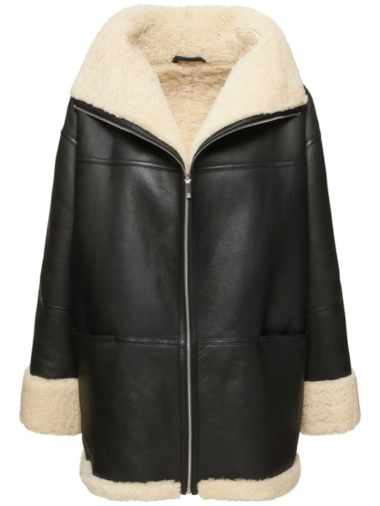 Toteme: Signature shearling zip coat - Siyah/Beyaz - women_0 | Luisa Via Roma
