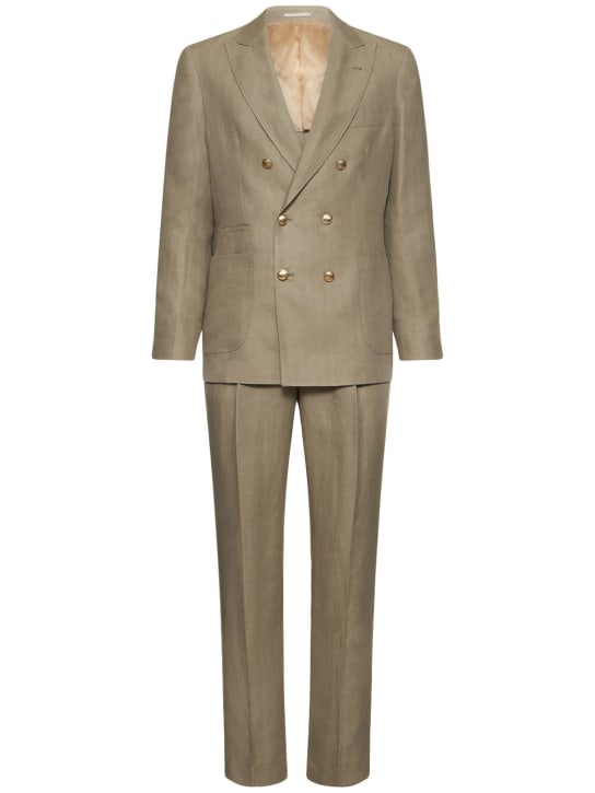 Brunello Cucinelli: Double breast linen suit - Yeşil - men_0 | Luisa Via Roma