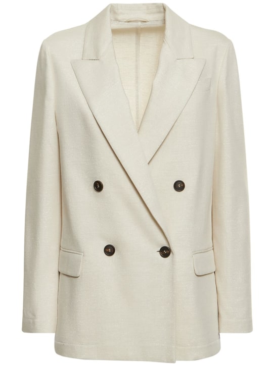 Brunello Cucinelli: Jersey lurex double breasted jacket - Ecru - women_0 | Luisa Via Roma
