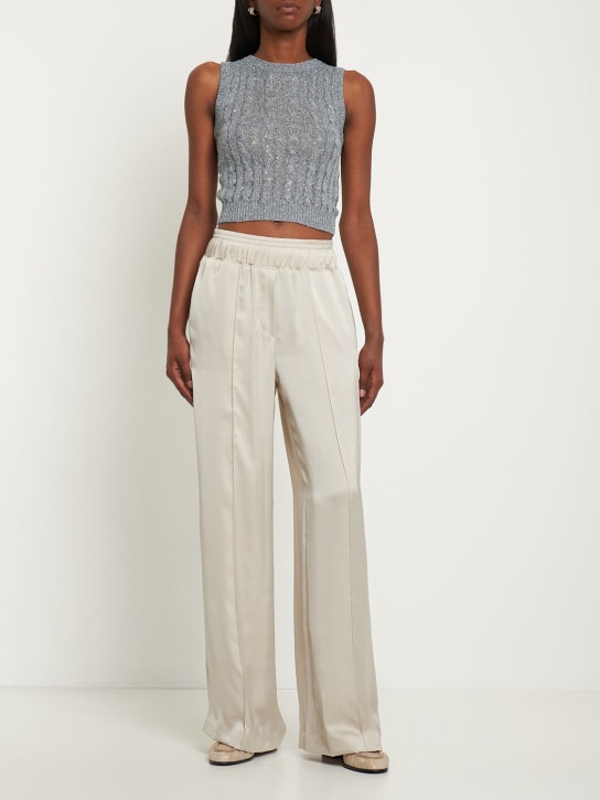 Brunello Cucinelli: Pantaloni larghi in raso - Grigio Chiaro - women_1 | Luisa Via Roma
