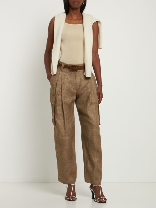 Brunello Cucinelli: Hose aus Leinencanvas mit Lurex - Kamelhaarfarben - women_1 | Luisa Via Roma