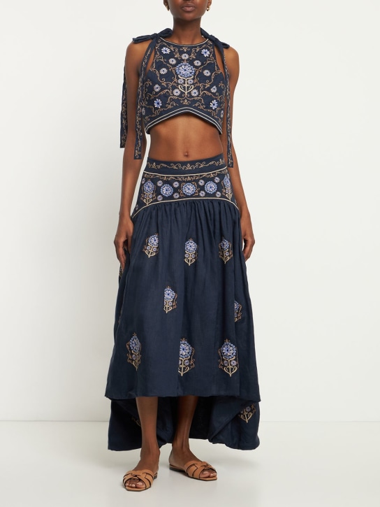 Agua By Agua Bendita: Curuá Mosaico embroidered linen skirt - Navy/Multi - women_1 | Luisa Via Roma