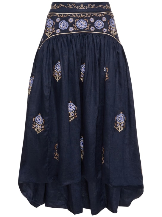 Agua By Agua Bendita: Curuá Mosaico embroidered linen skirt - Navy/Multi - women_0 | Luisa Via Roma