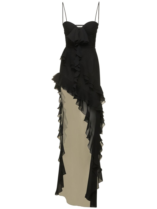 Alessandra Rich: Asymmetrical ruffle silk georgette dress - Black - women_0 | Luisa Via Roma