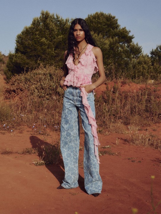 Alessandra Rich: 플라워 프린트 데님 와이드 진 - 블루 - women_1 | Luisa Via Roma