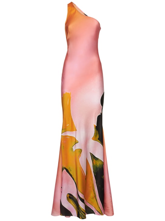 Louisa Ballou: Plunge printed satin silk long dress - Pink/Multi - women_0 | Luisa Via Roma