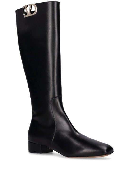 Valentino Garavani: 30mm Vlogo leather tall boots - Black - women_1 | Luisa Via Roma