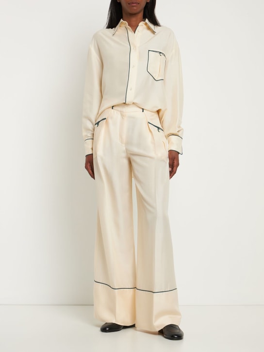 Bally: Silk satin wide pants w/leather trim - White - women_1 | Luisa Via Roma