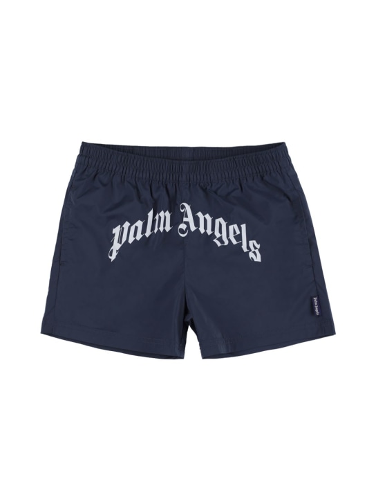 Palm Angels: Logo print nylon swim shorts - Navy - kids-boys_0 | Luisa Via Roma