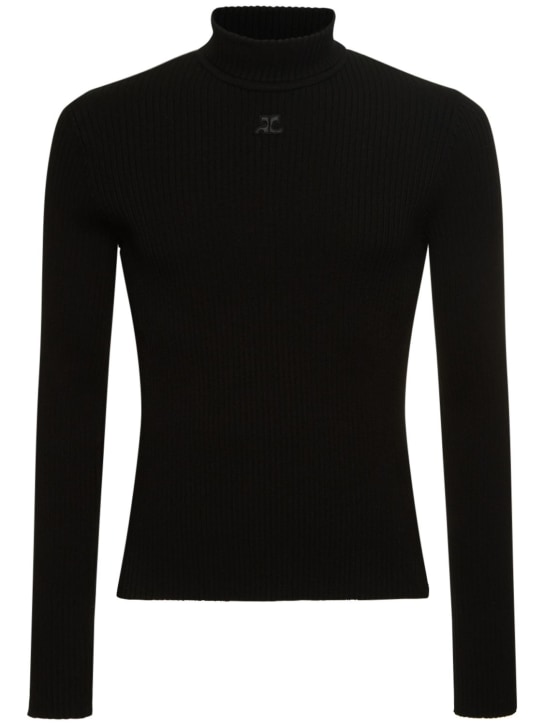 Courreges: Mockneck rib knit sweater - Siyah - men_0 | Luisa Via Roma
