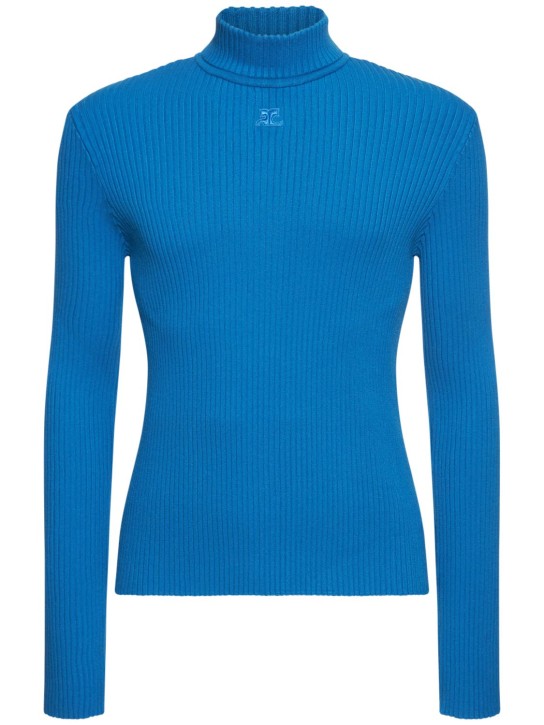 Courreges: Mockneck rib knit sweater - Mavi - men_0 | Luisa Via Roma
