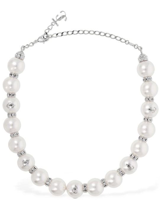 Jimmy Choo: Halsband mit Perlenimitat und Kristallen - Weiß/Silber - women_0 | Luisa Via Roma