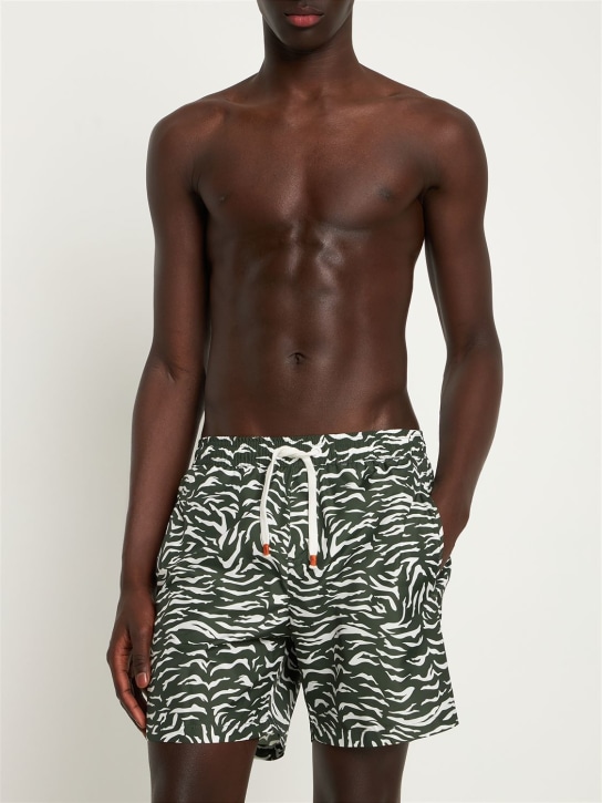 Sam Diego: Tiger print tech swim shorts - Khaki - men_1 | Luisa Via Roma
