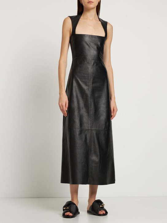Gauchere: Leather & fabric square neck midi dress - Black - women_1 | Luisa Via Roma