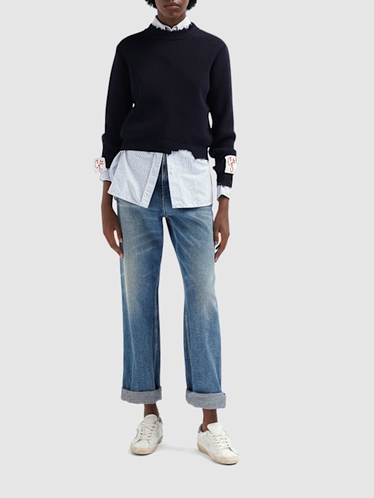 Golden Goose: Golden cotton knit crewneck sweater - Dark Blue - women_1 | Luisa Via Roma