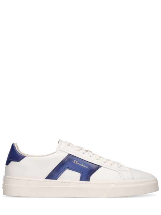 Santoni: Leather low top sneakers - White/Blue - men_0 | Luisa Via Roma
