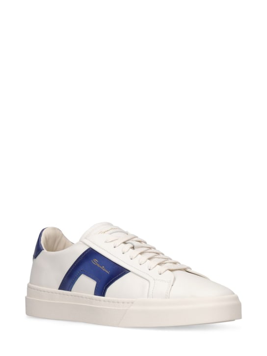 Santoni: Leather low top sneakers - White/Blue - men_1 | Luisa Via Roma