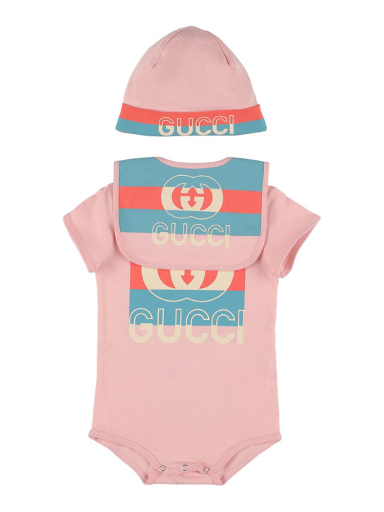 Gucci: 棉质平纹针织连体衣、围嘴&帽子套装 - 浅粉色 - kids-girls_0 | Luisa Via Roma