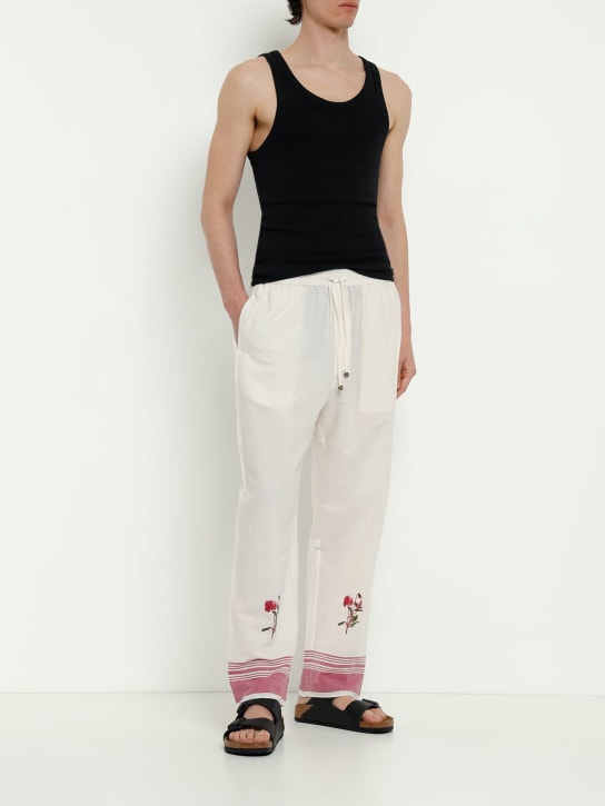 Harago: Rose print cotton pants - Beyaz/Kırmızı - men_1 | Luisa Via Roma