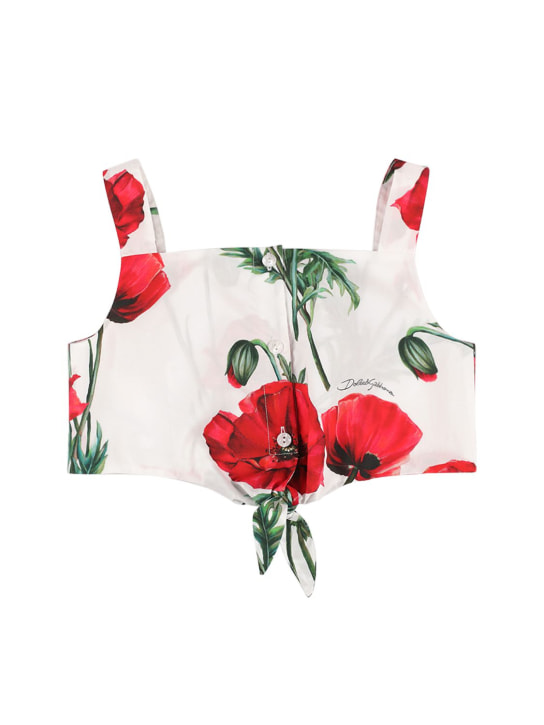 Dolce&Gabbana: Crop top in popeline di cotone stampato - Bianco/Rosso - kids-girls_0 | Luisa Via Roma