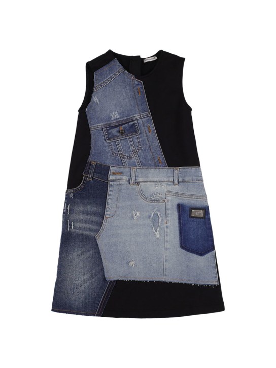 Dolce&Gabbana: Denim & cotton jersey patchwork dress - Denim/Schwarz - kids-girls_0 | Luisa Via Roma