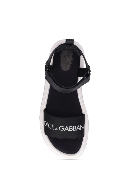Dolce&Gabbana: Logo print leather sandals w/ straps - Black/White - kids-boys_1 | Luisa Via Roma