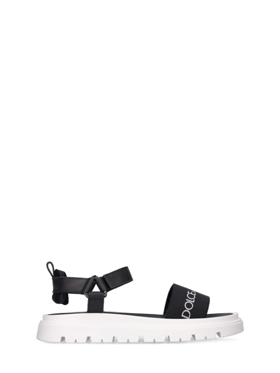 Dolce&Gabbana: Logo print leather sandals w/ straps - Black/White - kids-boys_0 | Luisa Via Roma