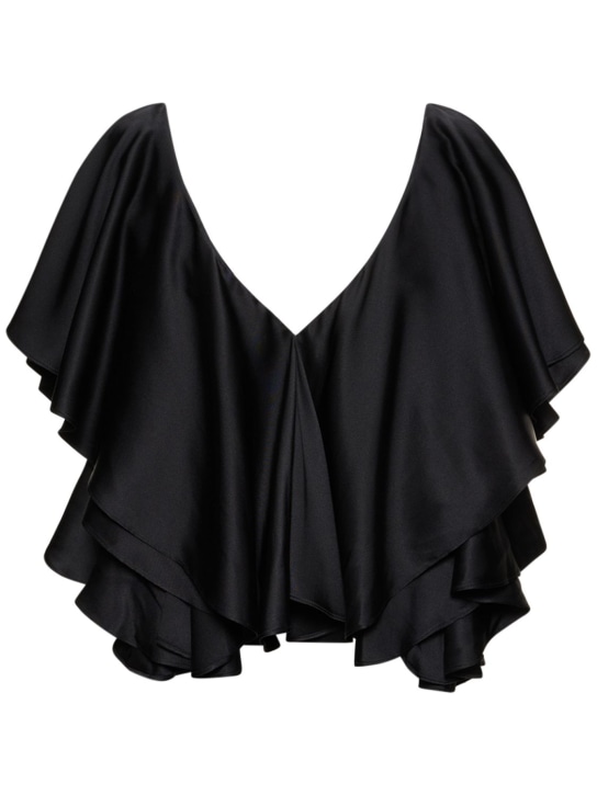 Interior: Jane silk satin ruffled v neck top - Black - women_0 | Luisa Via Roma
