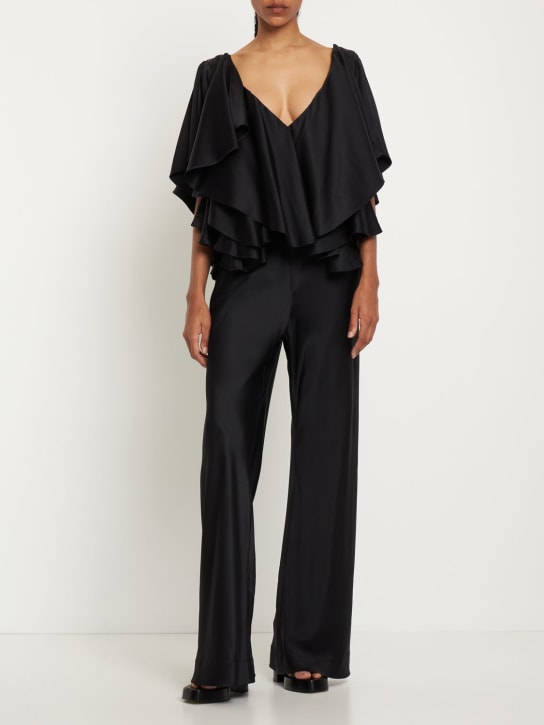 Interior: Jane silk satin ruffled v neck top - Black - women_1 | Luisa Via Roma