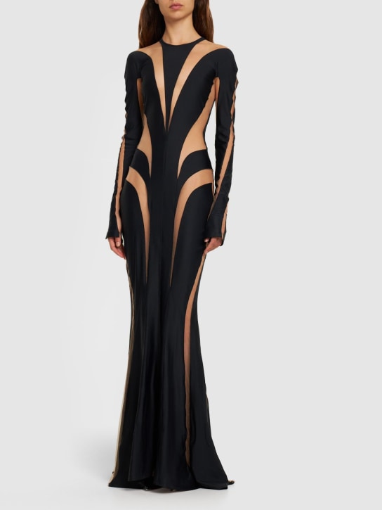 MUGLER: Lycra gown w/sheer tulle inserts - Black/Nude 1 - women_1 | Luisa Via Roma