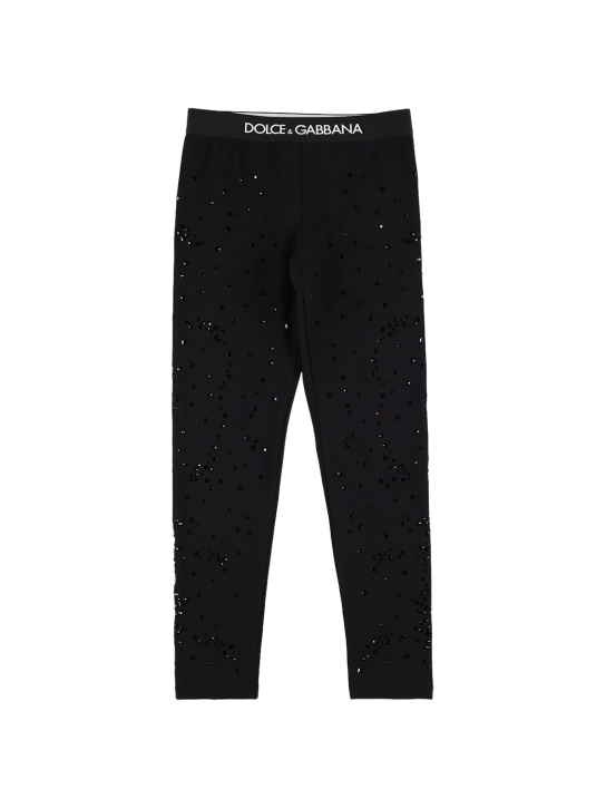 Dolce&Gabbana: Embellished cotton leggings w/logo - Black - kids-girls_0 | Luisa Via Roma