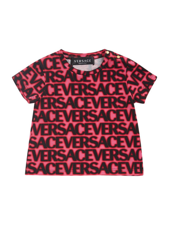 Versace: T-shirt in jersey di cotone con logo - Fucsia/Nero - kids-girls_0 | Luisa Via Roma