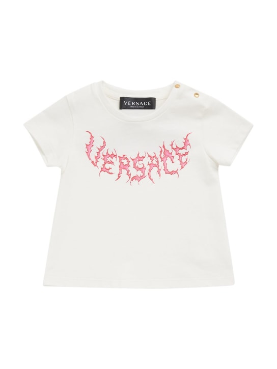 Versace: Logo印花棉质平纹针织T恤 - 白色 - kids-girls_0 | Luisa Via Roma