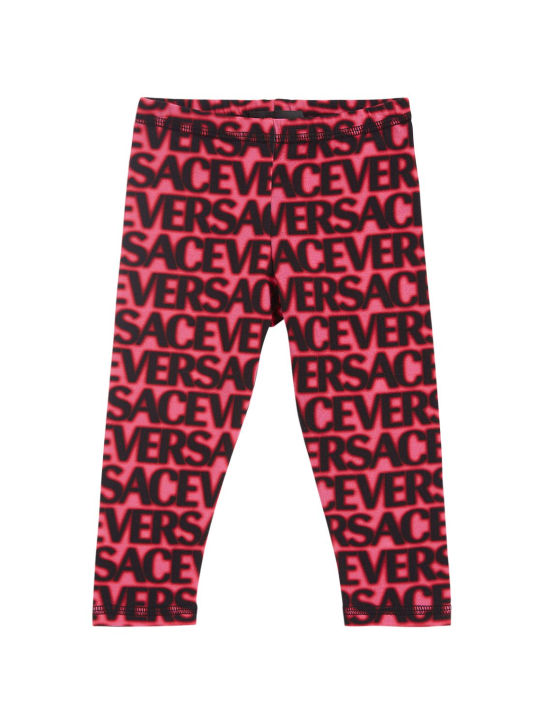 Versace: Logo印花棉质平纹针织紧身裤 - 桃红色/黑色 - kids-girls_0 | Luisa Via Roma