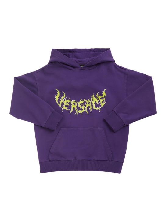 Versace: Sweat-shirt en coton imprimé logo à capuche - Violet - kids-girls_0 | Luisa Via Roma