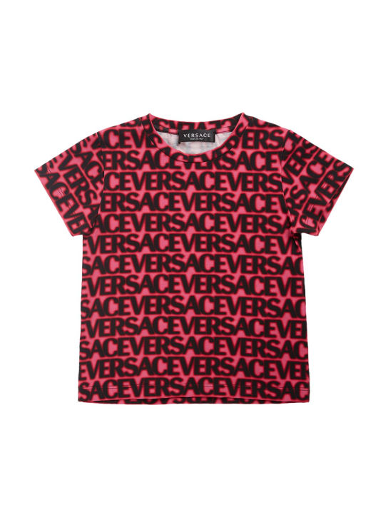 Versace: Camiseta de jersey de algodón con logo - Fucsia/Negro - kids-girls_0 | Luisa Via Roma