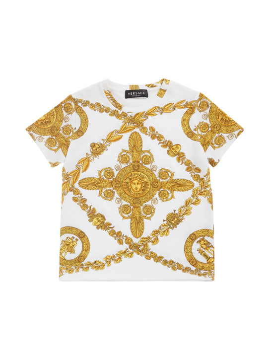 Versace: Baroque印花棉质平纹针织T恤 - 白色/黄色 - kids-girls_0 | Luisa Via Roma
