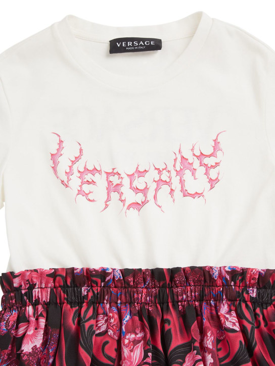 Versace: Robe midi en popeline de coton imprimé logo - Blanc/Multi - kids-girls_1 | Luisa Via Roma