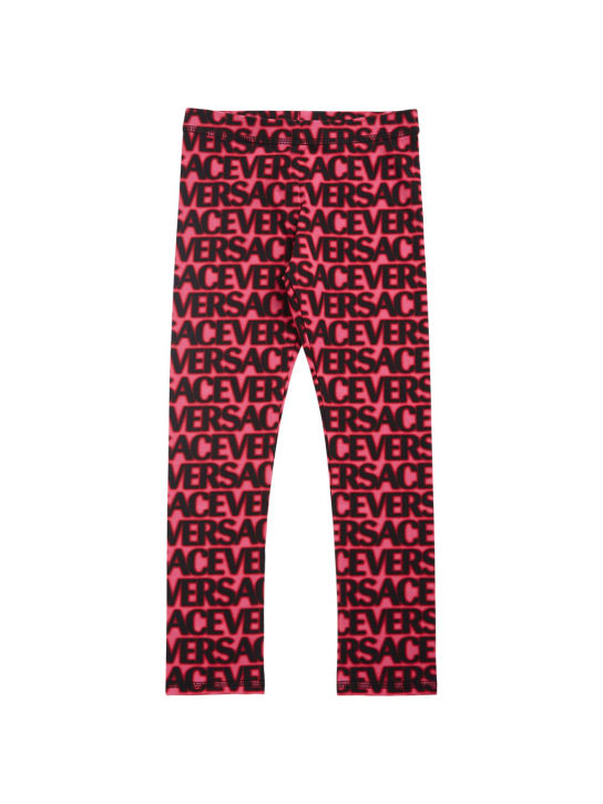 Versace: Logo印花棉质平纹针织紧身裤 - 桃红色/黑色 - kids-girls_0 | Luisa Via Roma