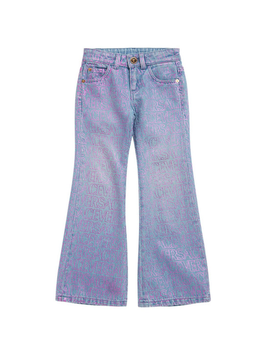 Versace: All over logo print cotton denim jeans - Denim - kids-girls_0 | Luisa Via Roma