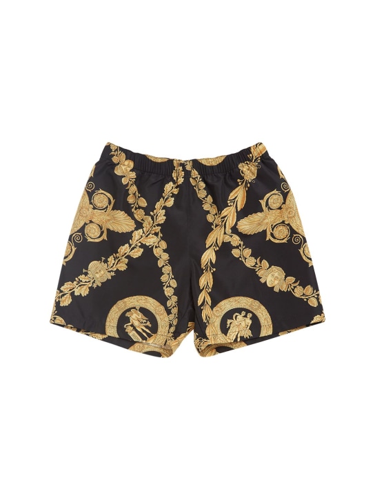 Versace: Shorts mare in nylon stampa barocca - Nero/Giallo - kids-boys_0 | Luisa Via Roma