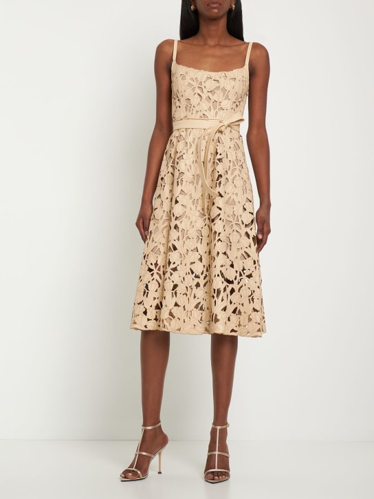 Oscar De La Renta: Laser-cut belted midi dress - Beige - women_1 | Luisa Via Roma