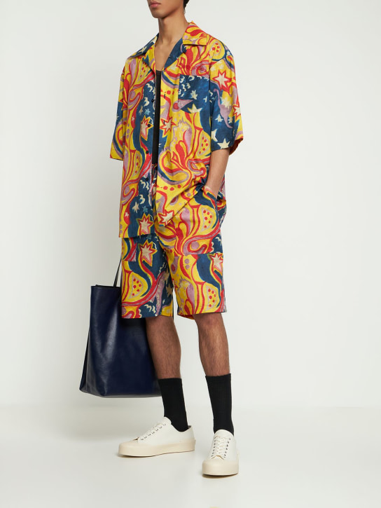 Marni: Camicia boxy fit in cotone stampato - Blu Royal - men_1 | Luisa Via Roma
