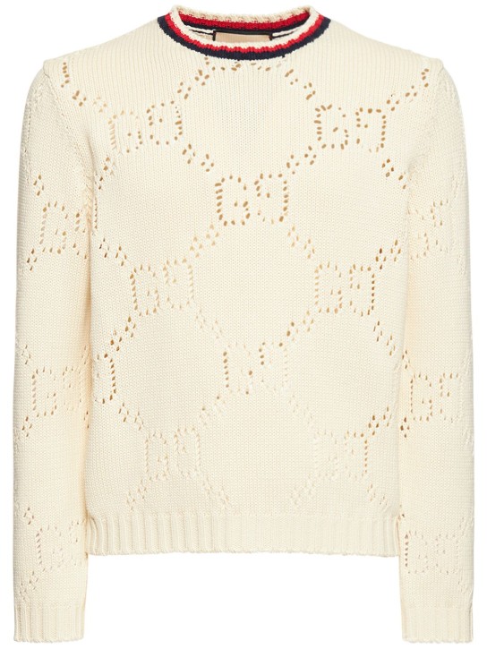 Gucci: Suéter de algodón perforado - Marfil - men_0 | Luisa Via Roma