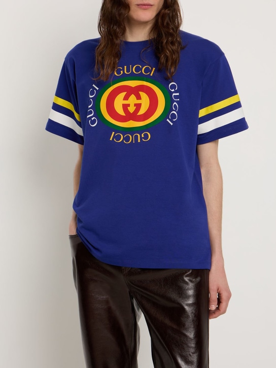 Gucci: Camiseta de algodón con logo - Marino/Multi - men_1 | Luisa Via Roma