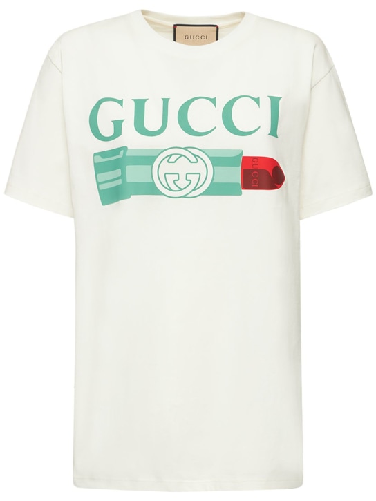 Gucci: T-Shirt aus Baumwolle mit G-Loved-Druck - Sunlight - women_0 | Luisa Via Roma