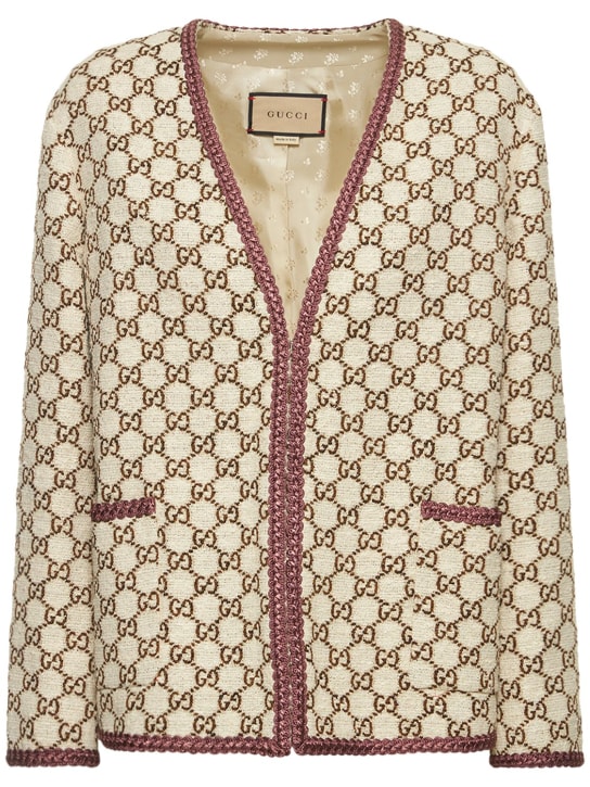 Gucci: Maxi GG canvas wool blend tweed jacket - Beige/Marrone - women_0 | Luisa Via Roma