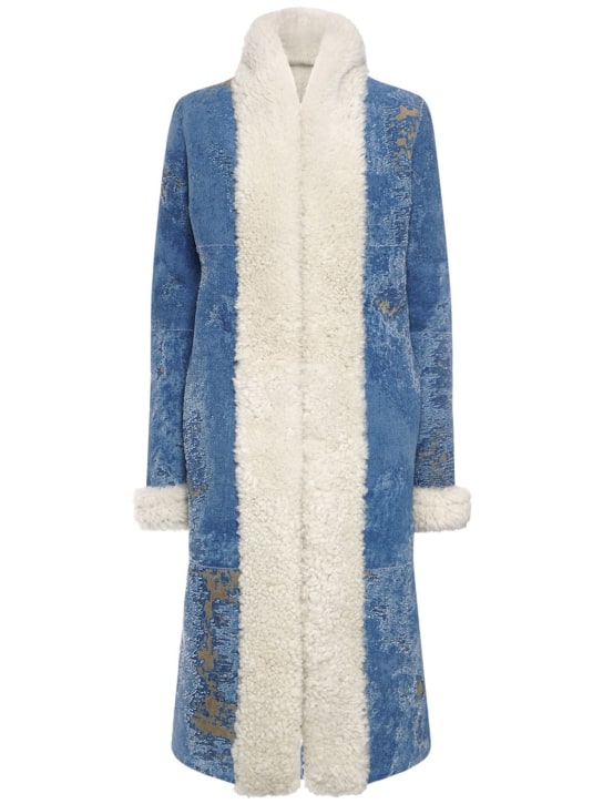 Dolce&Gabbana: Denim effect shearling midi coat - Multicolor - women_0 | Luisa Via Roma